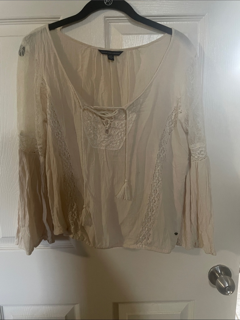 American Eagle Outfitters Cream Lace-Trim Peasant Blouse